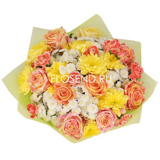 Букет из желтых хризантем и роз - фото 3