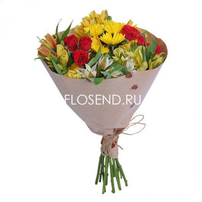 Букет из хризантем и кустовой розы и альстромерий, фото 3