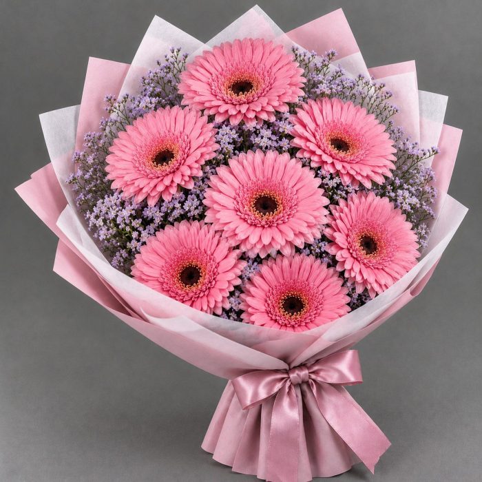 Букет из 7 розовых гербер с лимониумом, фото 3